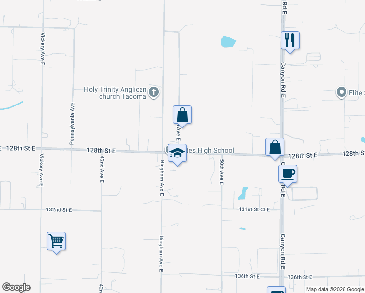 map of restaurants, bars, coffee shops, grocery stores, and more near 4711 128th Street East in Tacoma