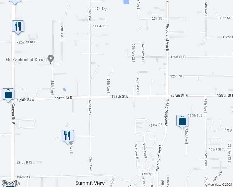 map of restaurants, bars, coffee shops, grocery stores, and more near 6517 127th Street Court East in Puyallup