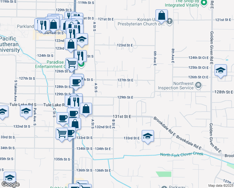 map of restaurants, bars, coffee shops, grocery stores, and more near 201 129th Street East in Tacoma