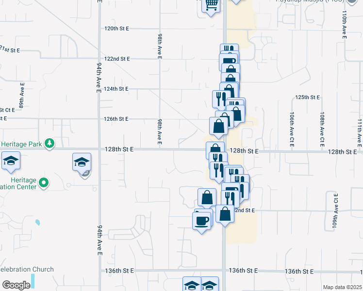 map of restaurants, bars, coffee shops, grocery stores, and more near 12735 99th Avenue Court East in South Hill