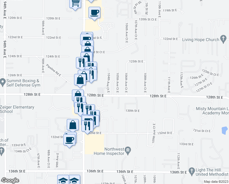 map of restaurants, bars, coffee shops, grocery stores, and more near 10507 128th Street East in Puyallup