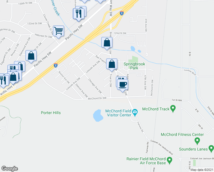 map of restaurants, bars, coffee shops, grocery stores, and more near 5116 128th Street Court Southwest in Lakewood