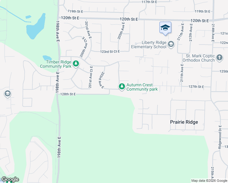 map of restaurants, bars, coffee shops, grocery stores, and more near 20312 127th Street Court East in Sumner