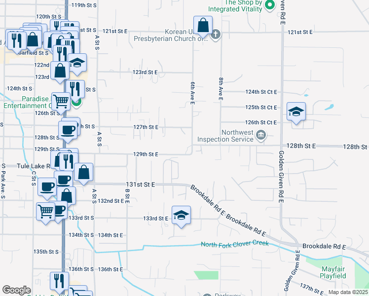 map of restaurants, bars, coffee shops, grocery stores, and more near 523 129th St E in Tacoma