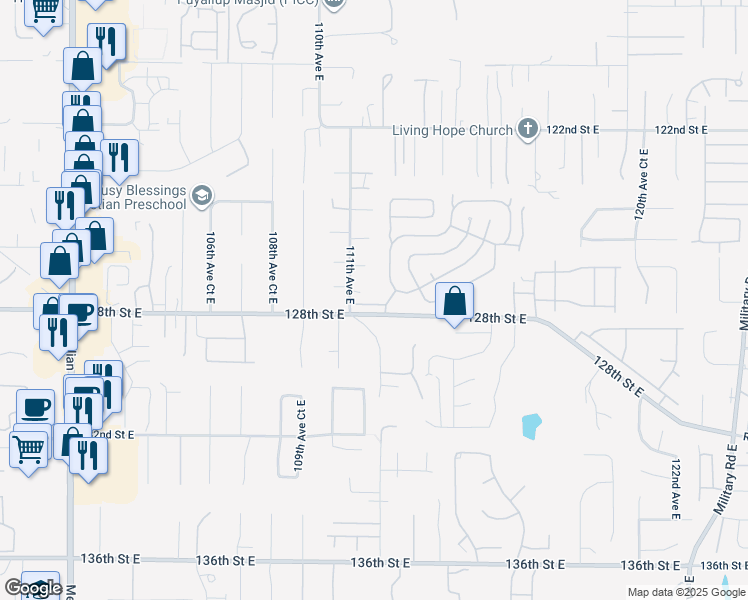map of restaurants, bars, coffee shops, grocery stores, and more near 11121 127th Street Court East in South Hill