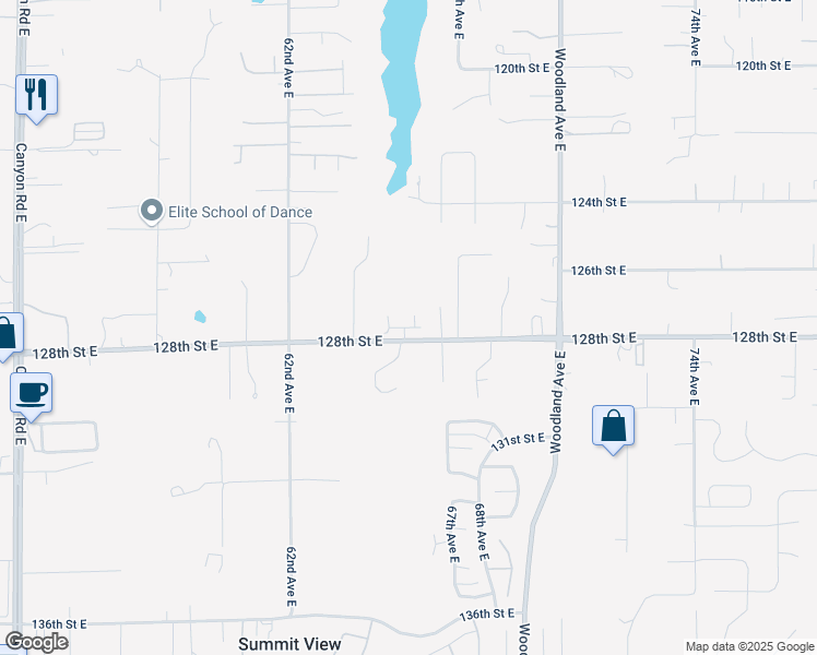 map of restaurants, bars, coffee shops, grocery stores, and more near 6524 127th Street Court East in Puyallup