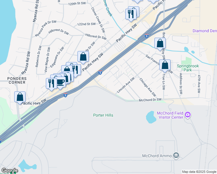 map of restaurants, bars, coffee shops, grocery stores, and more near 5701 McChord Dr SW in Lakewood