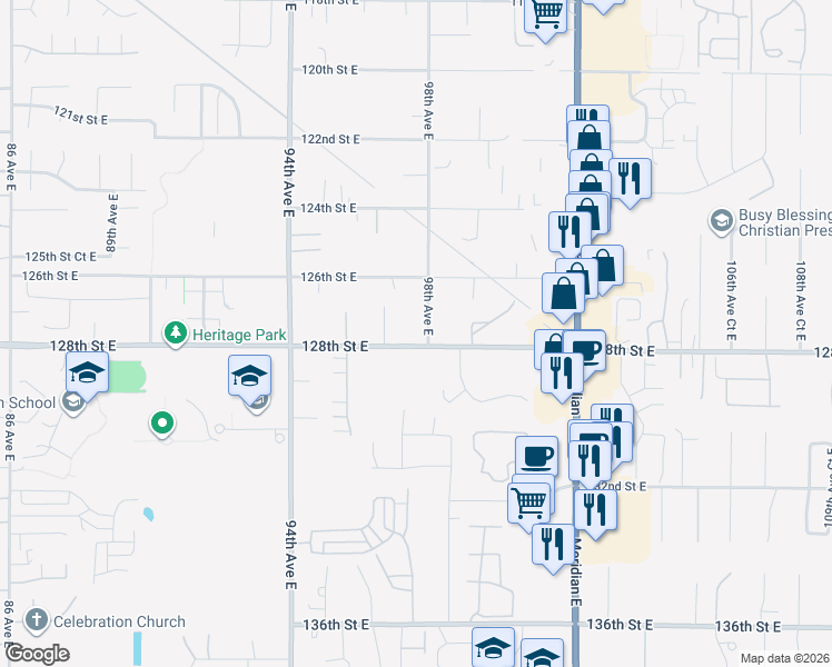 map of restaurants, bars, coffee shops, grocery stores, and more near 9723 128th Street East in South Hill