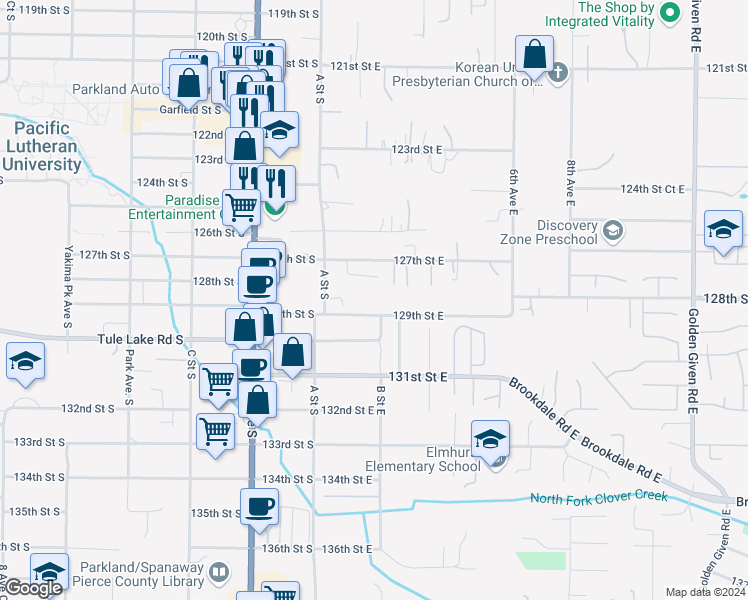 map of restaurants, bars, coffee shops, grocery stores, and more near 161 129th Street East in Tacoma