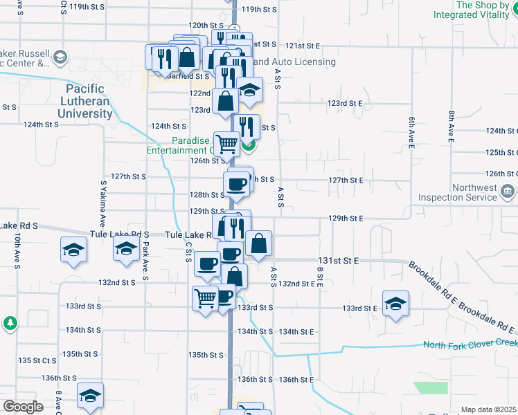 map of restaurants, bars, coffee shops, grocery stores, and more near 121 129th Street South in Tacoma