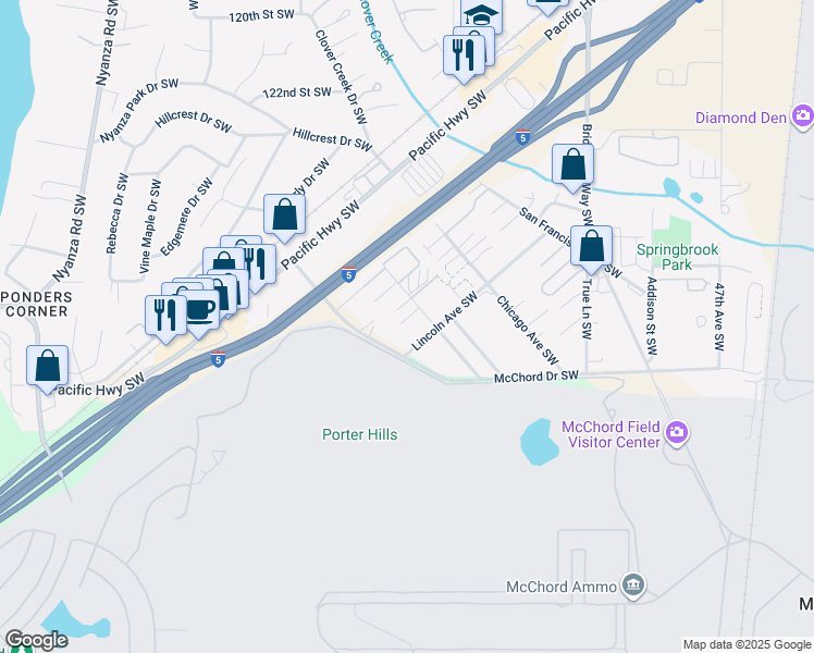 map of restaurants, bars, coffee shops, grocery stores, and more near 13020 Lincoln Avenue Southwest in Lakewood