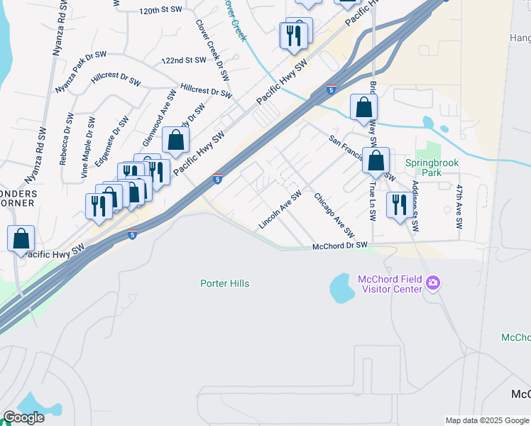 map of restaurants, bars, coffee shops, grocery stores, and more near 13020 Lincoln Avenue Southwest in Lakewood
