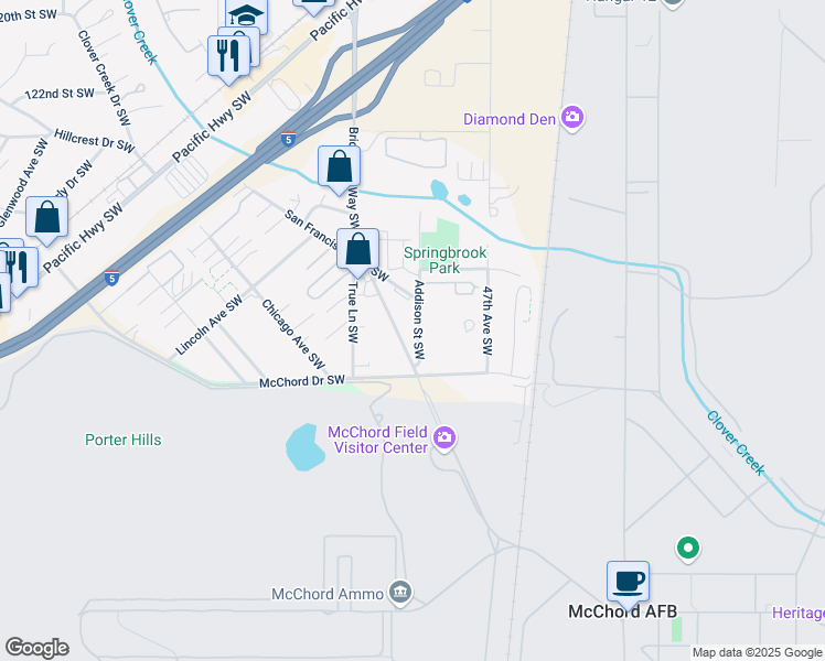 map of restaurants, bars, coffee shops, grocery stores, and more near 16 Addison Street Southwest in Lakewood