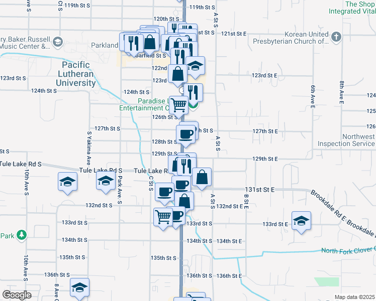 map of restaurants, bars, coffee shops, grocery stores, and more near 12821 Pacific Avenue South in Tacoma