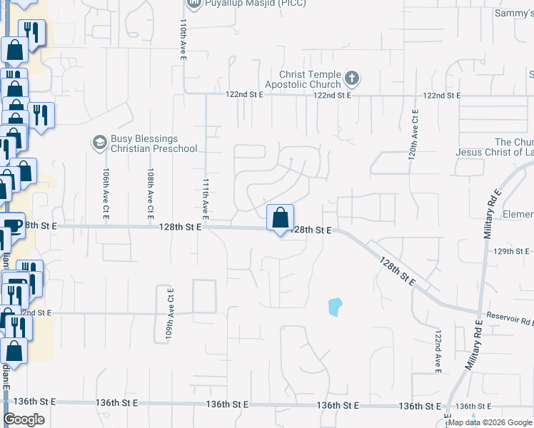 map of restaurants, bars, coffee shops, grocery stores, and more near 11323 127th Street Court East in South Hill