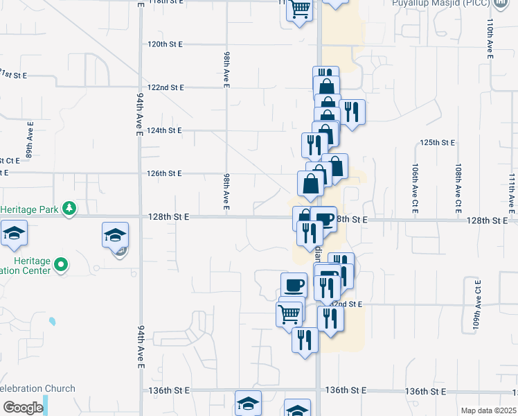 map of restaurants, bars, coffee shops, grocery stores, and more near 12735 99th Avenue Court East in South Hill