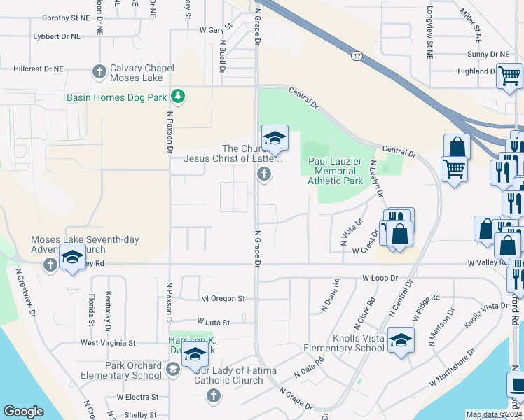 map of restaurants, bars, coffee shops, grocery stores, and more near 910 Northwest Sunburst Court in Moses Lake