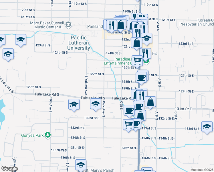map of restaurants, bars, coffee shops, grocery stores, and more near 515 129th Street South in Tacoma