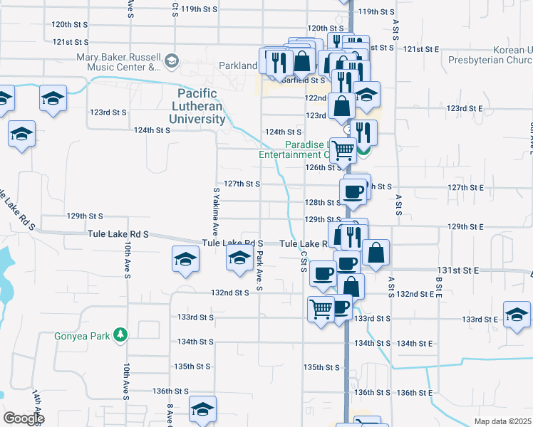 map of restaurants, bars, coffee shops, grocery stores, and more near 515 129th Street South in Tacoma