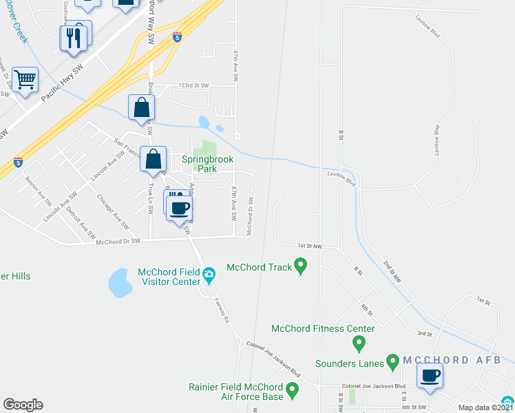 map of restaurants, bars, coffee shops, grocery stores, and more near 4507-4521 McChord Drive Southwest in Lakewood