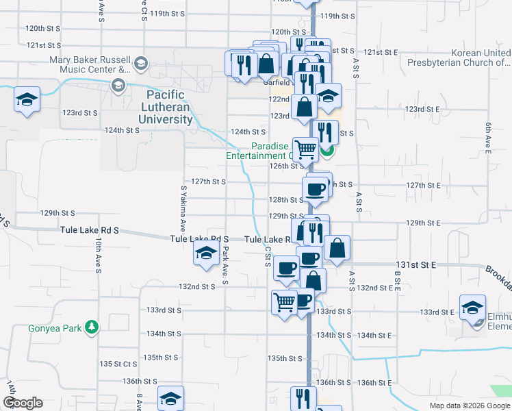 map of restaurants, bars, coffee shops, grocery stores, and more near 12812 C Street South in Parkland