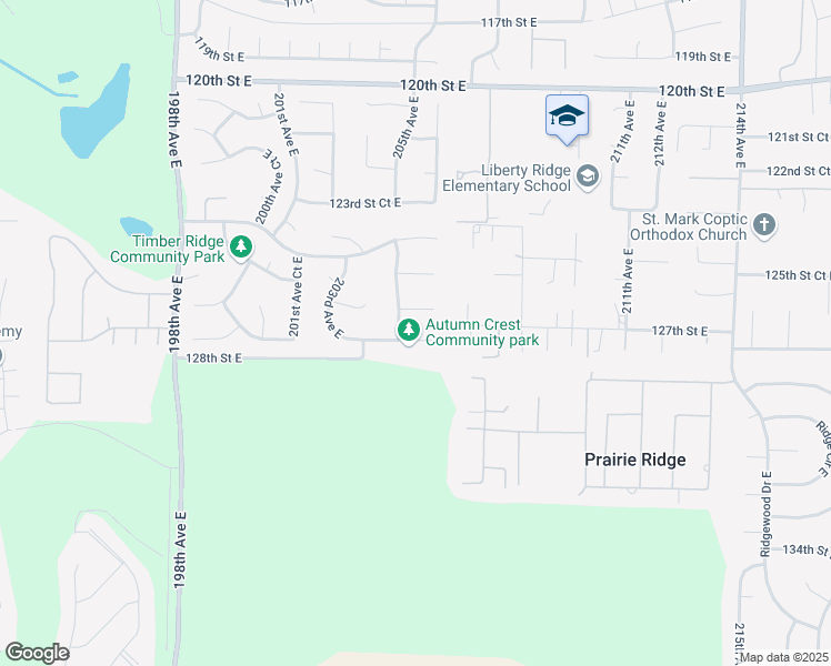 map of restaurants, bars, coffee shops, grocery stores, and more near 20411 127th Street Court East in Bonney Lake