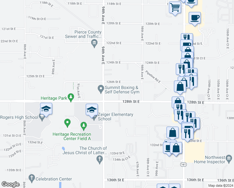map of restaurants, bars, coffee shops, grocery stores, and more near 12706 95th Avenue Court East in South Hill