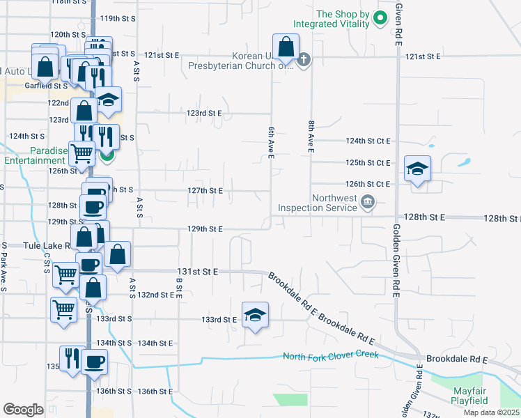 map of restaurants, bars, coffee shops, grocery stores, and more near 523 129th Street East in Tacoma