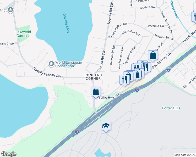 map of restaurants, bars, coffee shops, grocery stores, and more near 12825 Gravelly Lake Drive Southwest in Tacoma