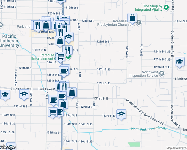 map of restaurants, bars, coffee shops, grocery stores, and more near 201 129th Street East in Tacoma