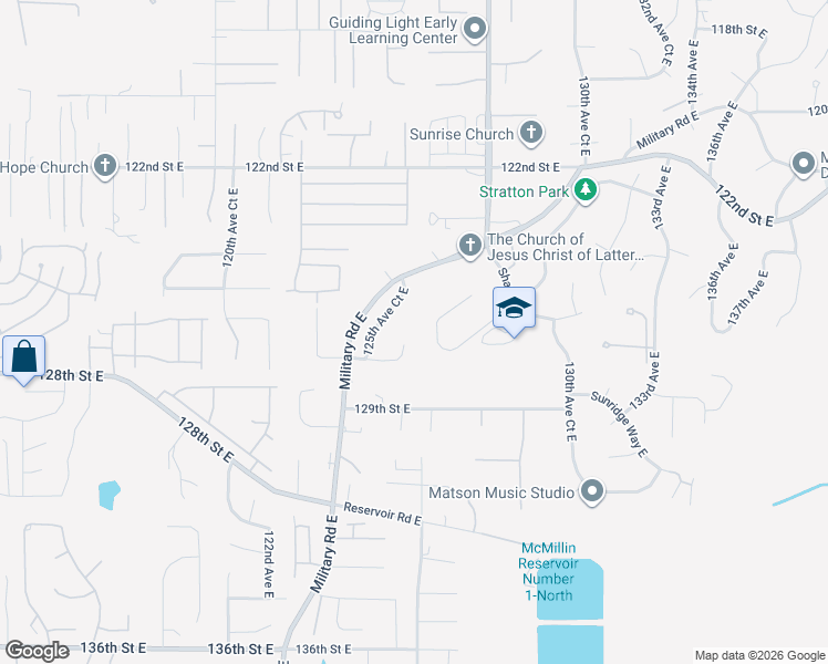 map of restaurants, bars, coffee shops, grocery stores, and more near 12515 127th Street East in Puyallup
