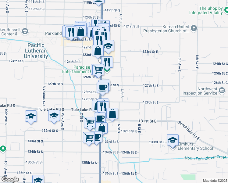map of restaurants, bars, coffee shops, grocery stores, and more near 112 127th Street South in Tacoma