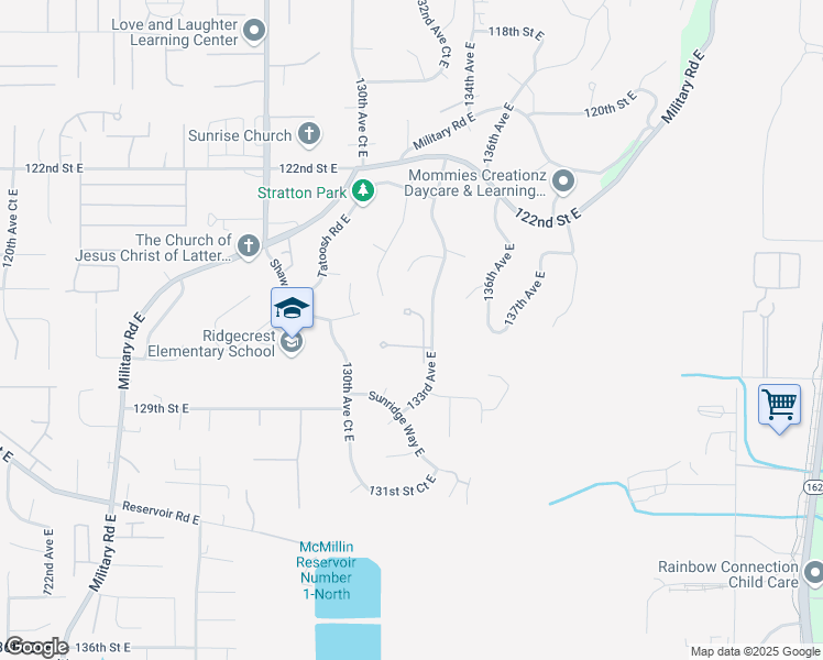 map of restaurants, bars, coffee shops, grocery stores, and more near 13215 127th Street Court East in Puyallup