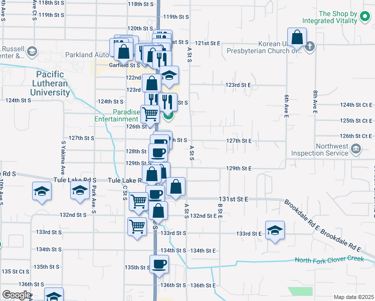 map of restaurants, bars, coffee shops, grocery stores, and more near 103 129th Street East in Tacoma