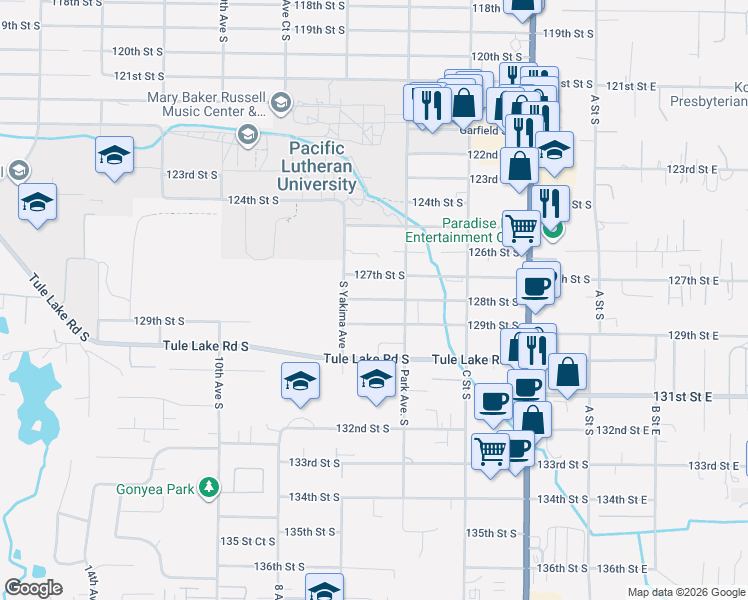 map of restaurants, bars, coffee shops, grocery stores, and more near 611 129th Street South in Tacoma