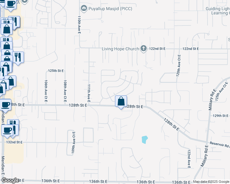 map of restaurants, bars, coffee shops, grocery stores, and more near 12617 113th Avenue Court East in Puyallup