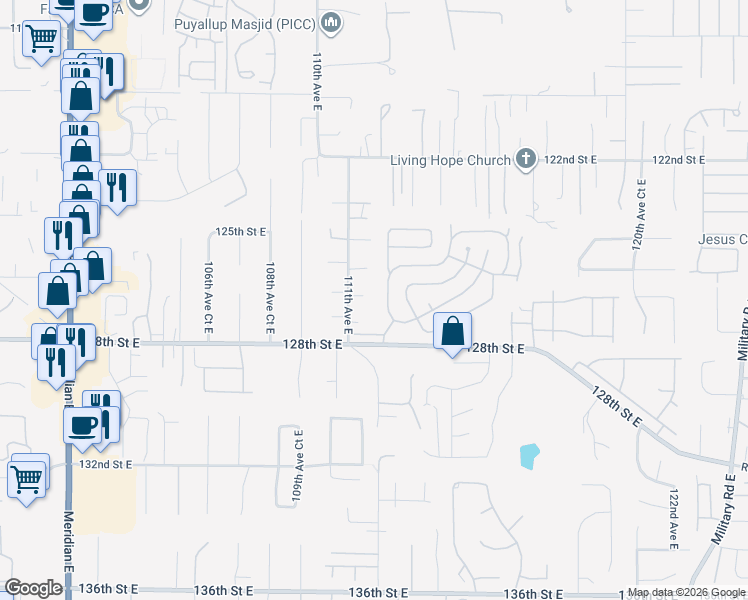 map of restaurants, bars, coffee shops, grocery stores, and more near 11116 125th Street East in South Hill