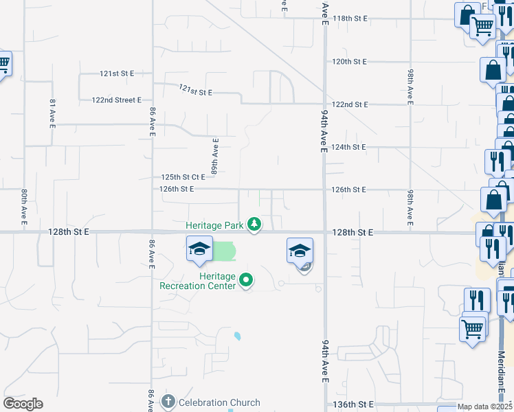 map of restaurants, bars, coffee shops, grocery stores, and more near 9028 126th Street East in Puyallup