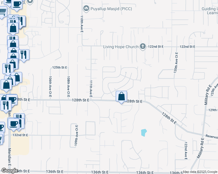 map of restaurants, bars, coffee shops, grocery stores, and more near 12617 113th Avenue Court East in Puyallup