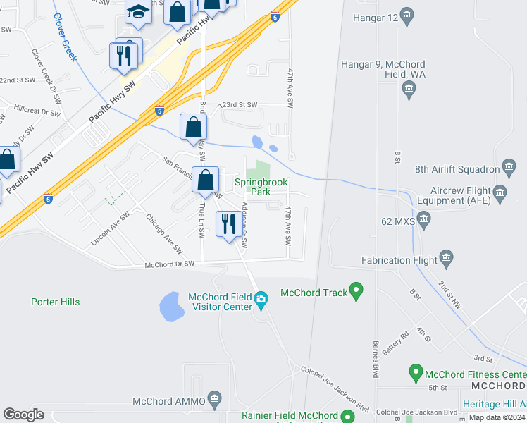 map of restaurants, bars, coffee shops, grocery stores, and more near 12713 Addison Street Southwest in Tacoma