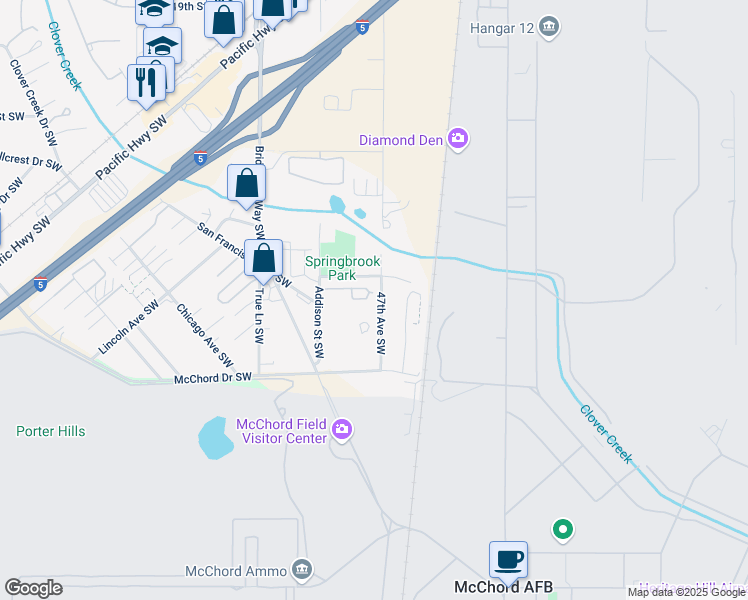 map of restaurants, bars, coffee shops, grocery stores, and more near 4708 127th Street Court Southwest in Lakewood