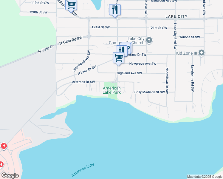 map of restaurants, bars, coffee shops, grocery stores, and more near 9222 Veterans Drive Southwest in Lakewood