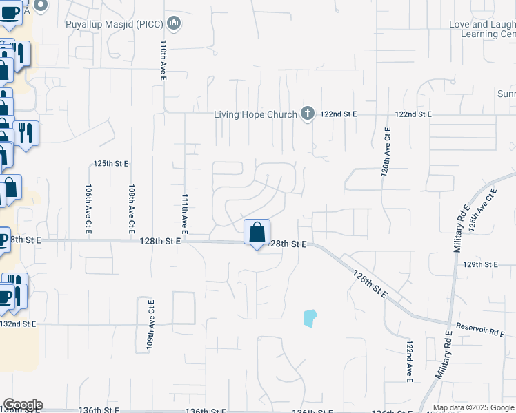 map of restaurants, bars, coffee shops, grocery stores, and more near 11402 125th Street Court East in Puyallup
