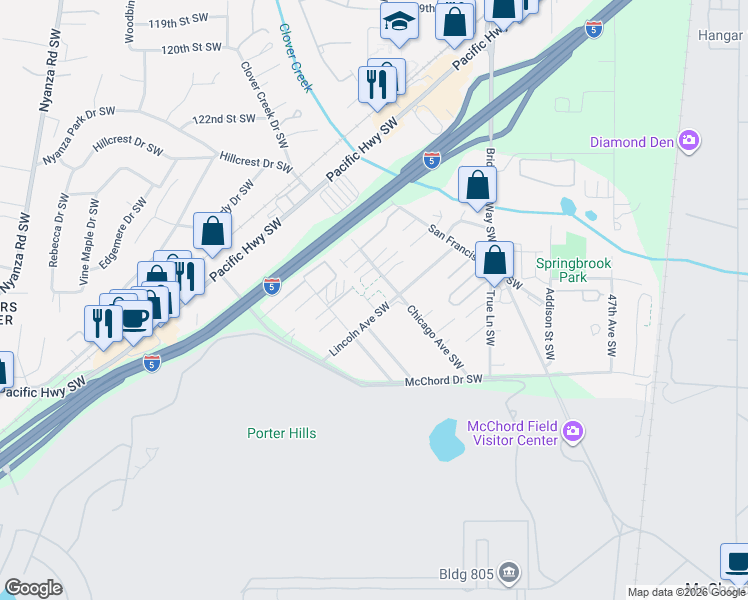map of restaurants, bars, coffee shops, grocery stores, and more near 12874 Lincoln Avenue Southwest in Lakewood