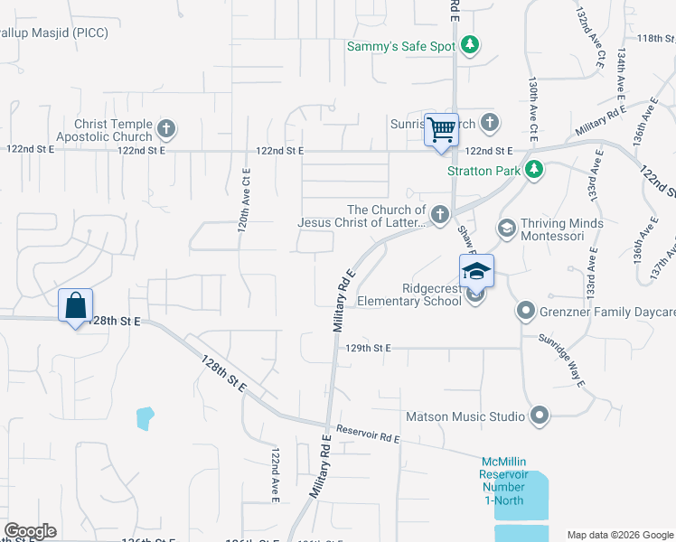 map of restaurants, bars, coffee shops, grocery stores, and more near 12521 Military Road East in Puyallup