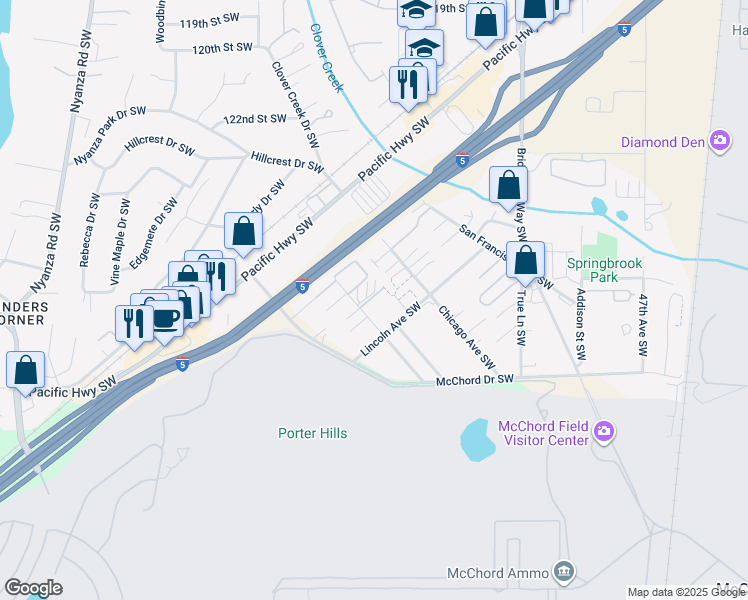 map of restaurants, bars, coffee shops, grocery stores, and more near 5607 Boston Avenue Southwest in Lakewood