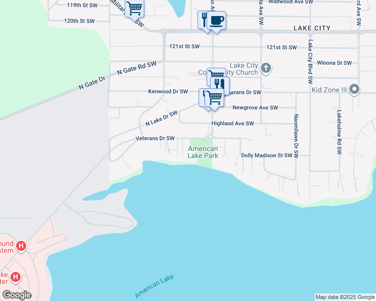 map of restaurants, bars, coffee shops, grocery stores, and more near 9404 Veterans Drive Southwest in Lakewood