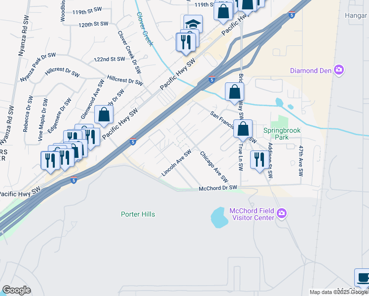 map of restaurants, bars, coffee shops, grocery stores, and more near 12850 Lincoln Avenue Southwest in Lakewood