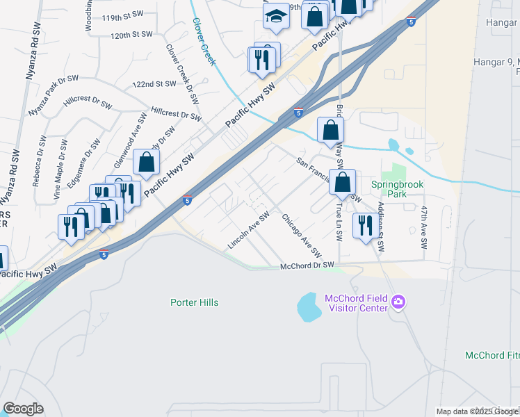 map of restaurants, bars, coffee shops, grocery stores, and more near 12850 Lincoln Avenue Southwest in Lakewood