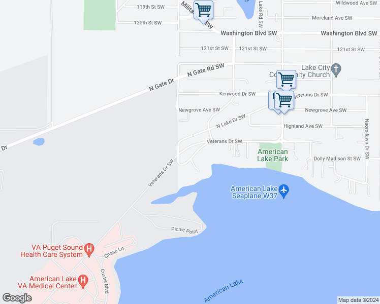 map of restaurants, bars, coffee shops, grocery stores, and more near 9820 Veterans Drive Southwest in Lakewood